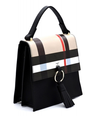 Tartan Plaid Check Ring Tassel Flap Crossbody Satchel BT704  BLACK
